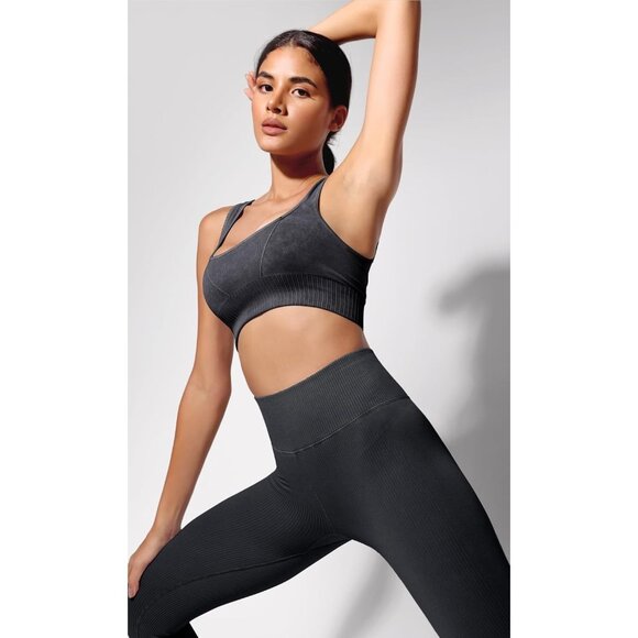 Women's Stone Washing Black Square Neck Low Back Ribbed Cropped Sports Bra - Picture 4 of 5